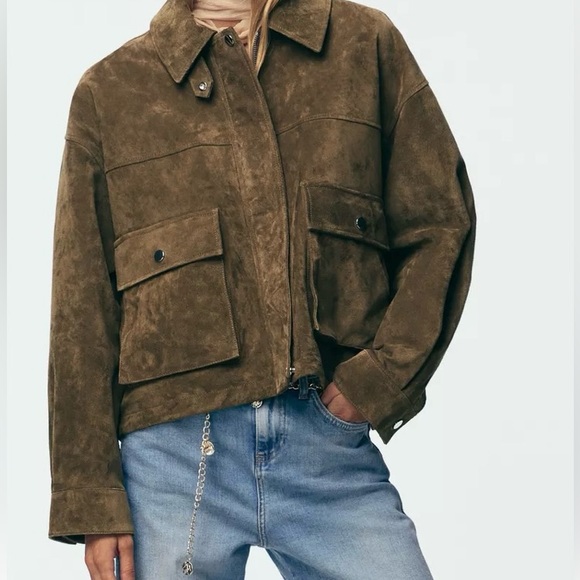Viral Zara Suede Leather Bomber Jacket - Picture 3 of 7